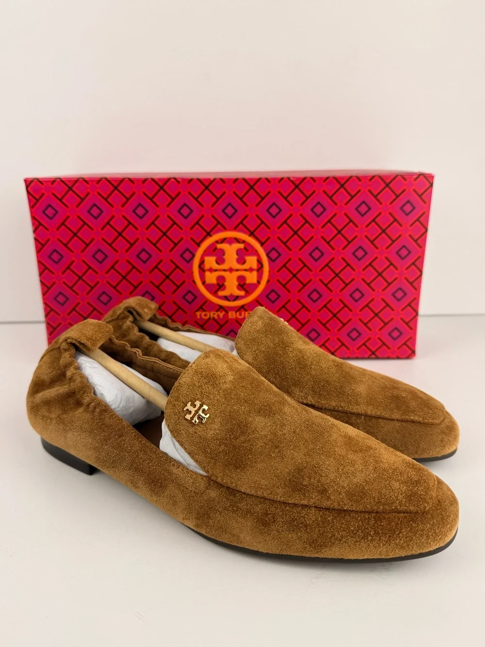 Tory Burch Kira 20mm Elastic Loafers Rhum Brown Suede Slip On Flats Size 6